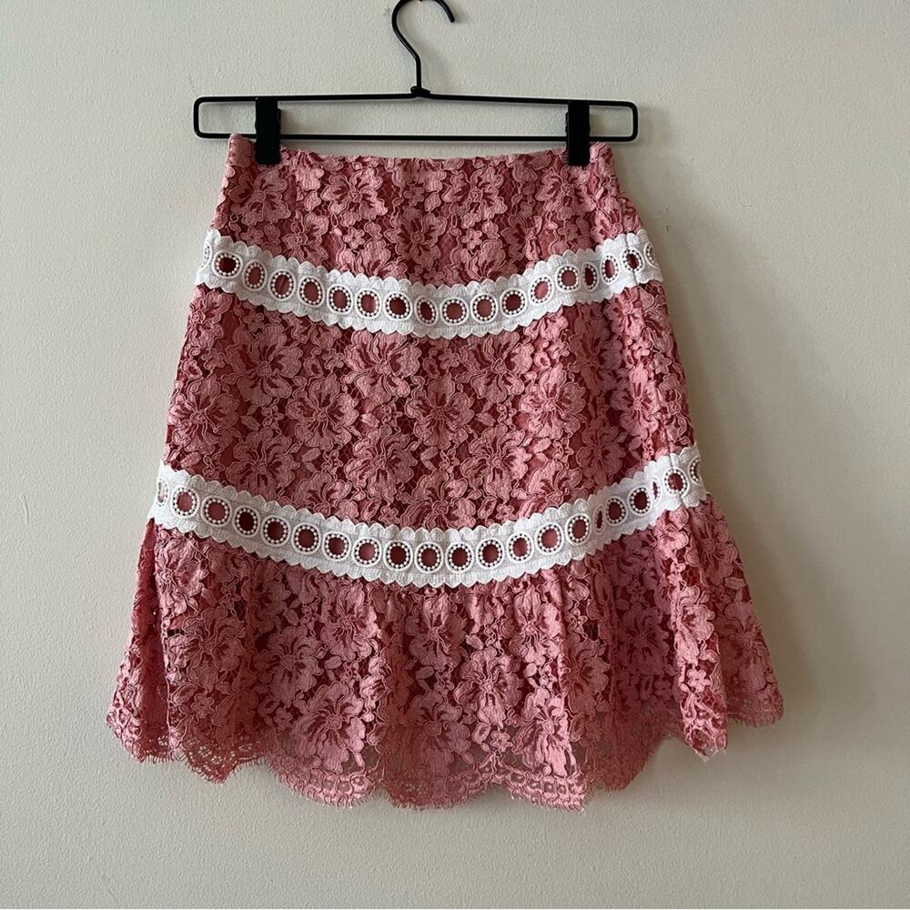 Sandro Devon Banded Floral Lace Mini Skirt in Rose Pink - Picture 8 of 12